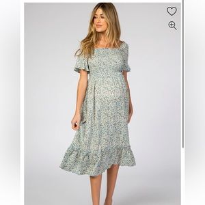 Pink Blush Light Blue Floral Ruffle Maternity midi dress